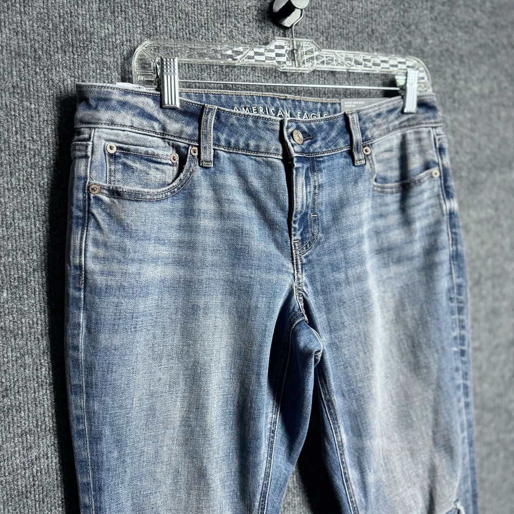 American Eagle Kick Boot Jeans 10 Super Low Rise Distressed Stretch Y2K Blue 30W - Picture 8 of 14
